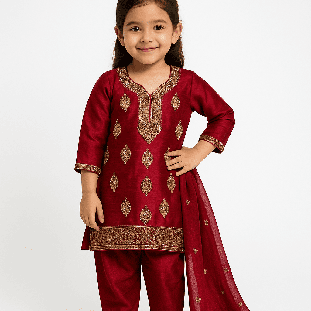 Girls Ethnic Silk Kurta Set with Dupatta - Image 4