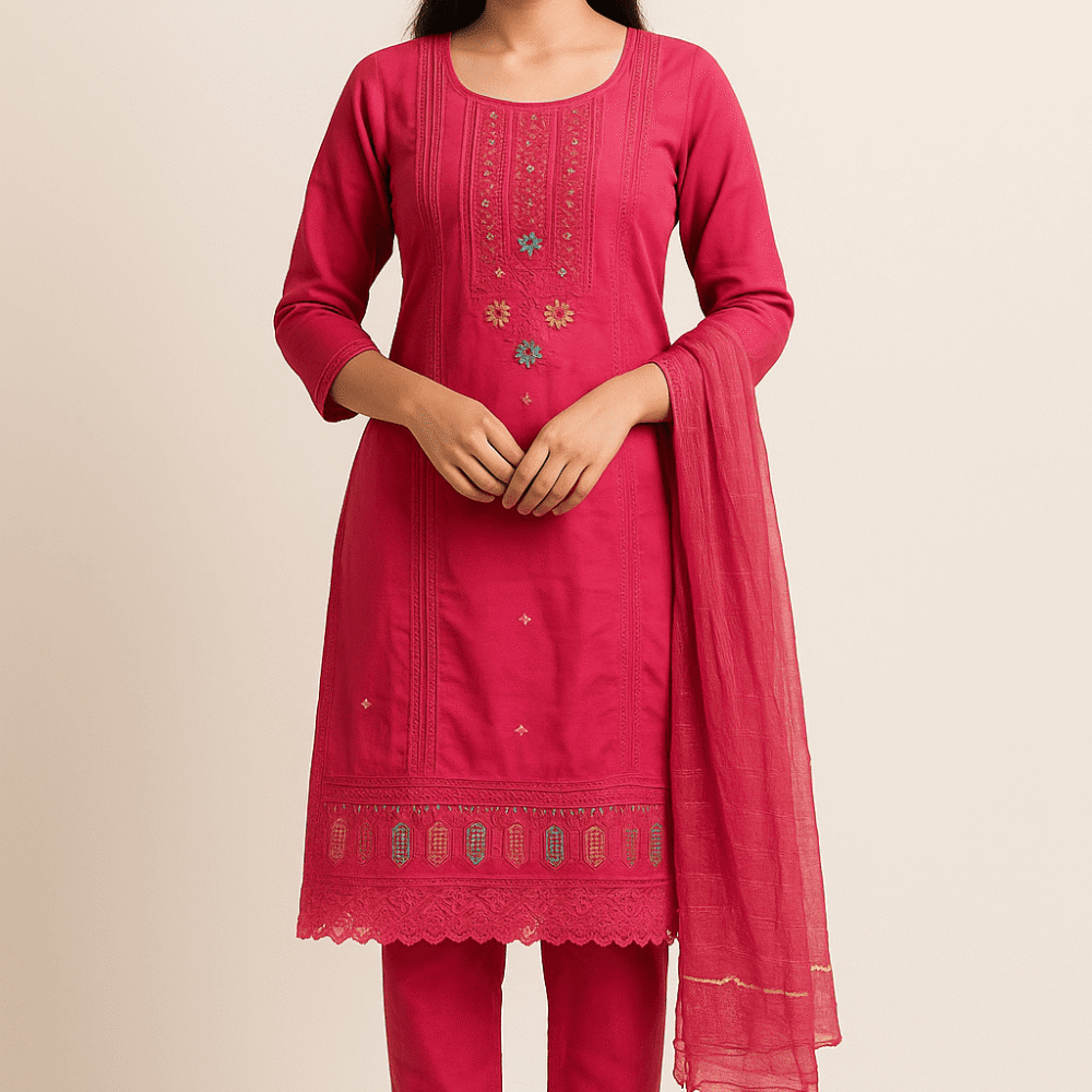 Trendy Embroidered Pink Straight Kurti Set for Girls